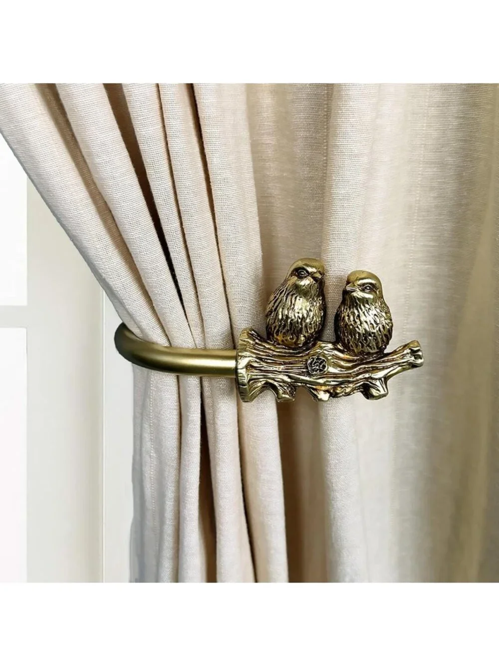 Elegant Gold Curtain Holdbacks with Twin Birds Finials - Set of 2 Drapery Hooks